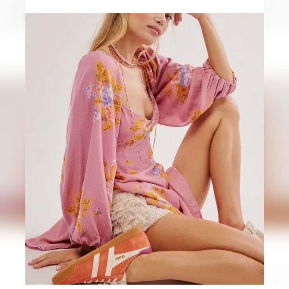 Free People Pink Floral Mini Dress with Yellow Accents